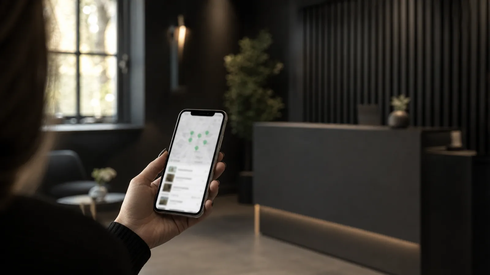 Hand holding a phone showing a local map search in a dark aesthetic clinic reception, the starting point of SEO for aesthetic clinics