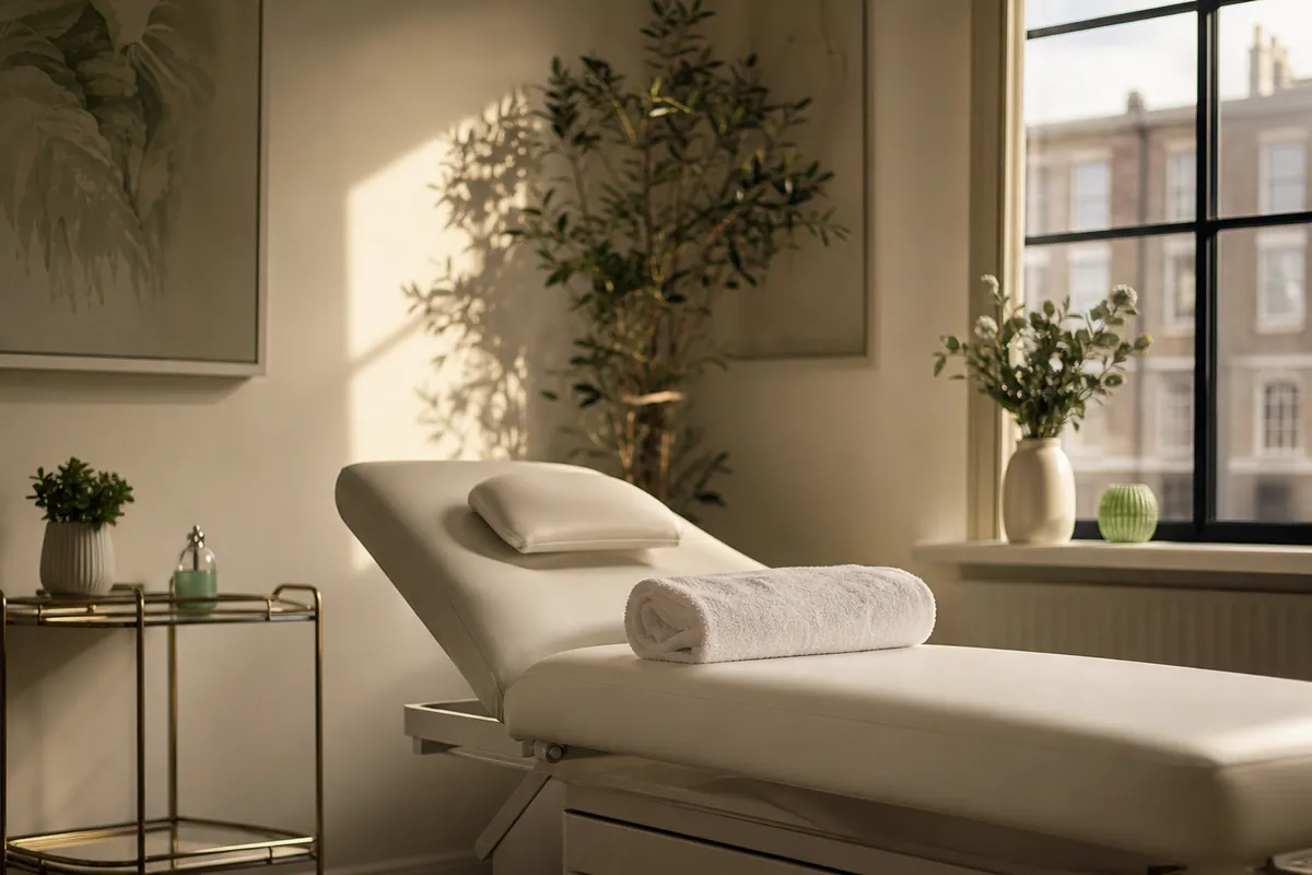 Empty modern aesthetic clinic treatment room at golden hour with a made-up couch and soft window light