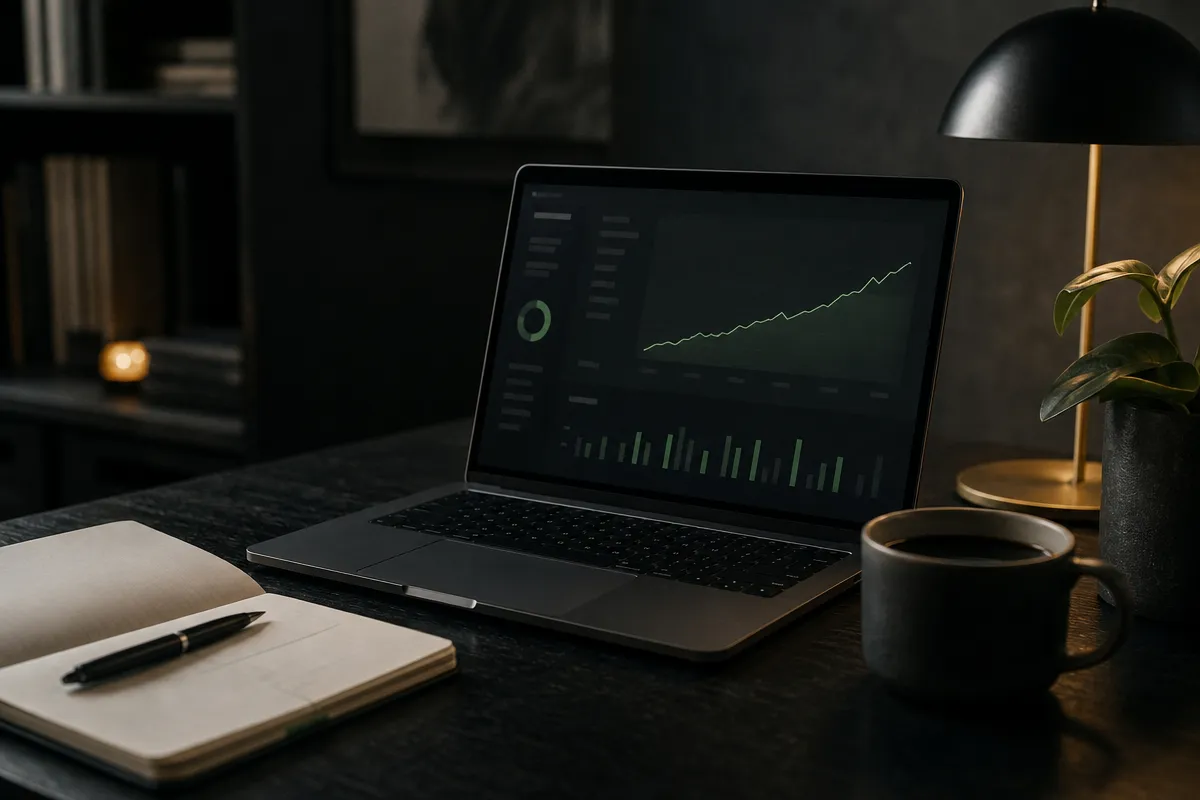 Laptop on a dark desk showing an abstract dashboard with a rising line chart beside a notebook and coffee