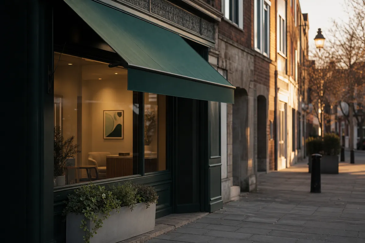 Small independent clinic on a British high street at golden hour, green awning and warm light inside