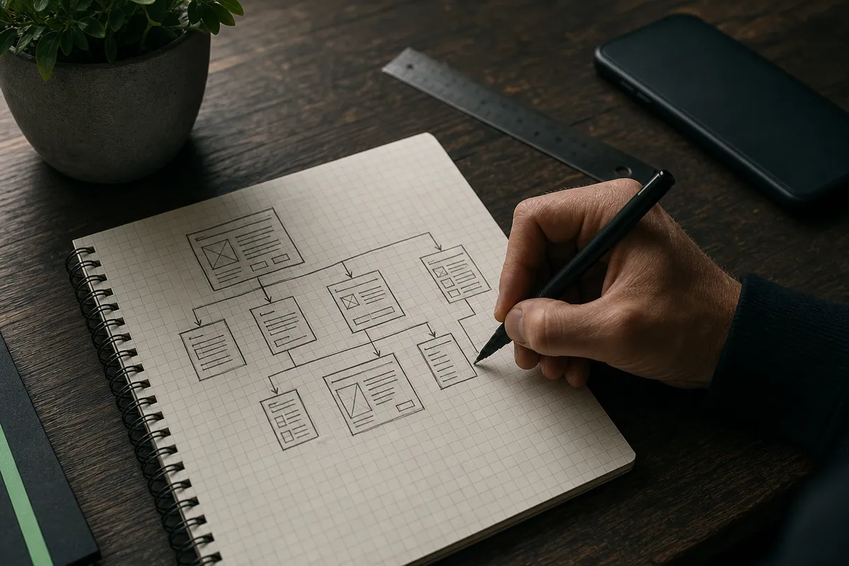 Hand sketching a simple website page plan on grid paper with a pen on a dark wooden desk