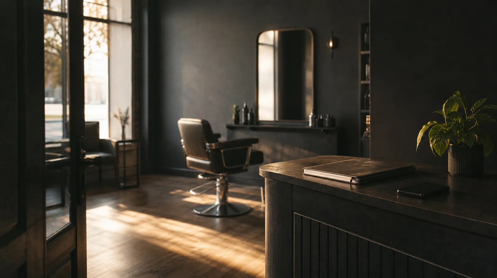 Empty independent salon at golden hour, styling chair and reception desk with a closed appointment book