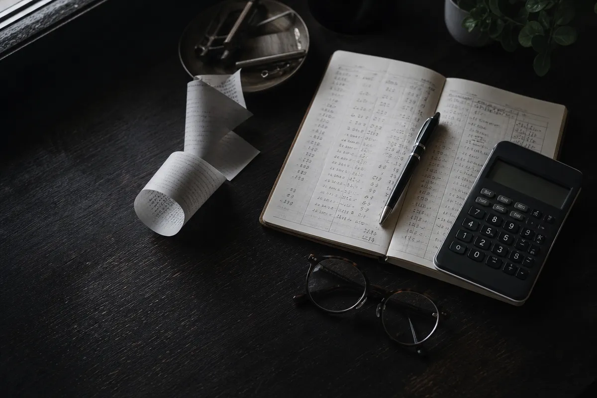 Notebook of handwritten figures, a calculator and a card receipt on a dark desk