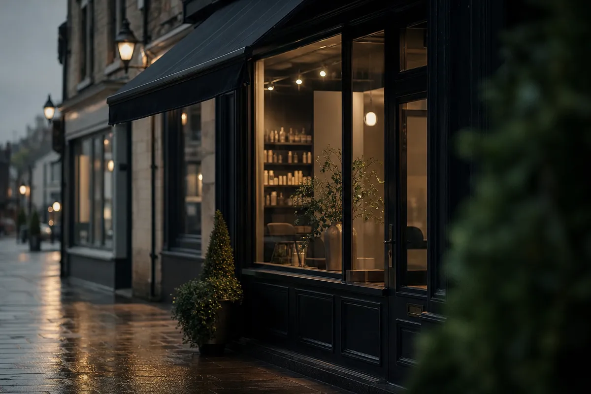 Small high-street beauty salon shopfront glowing at dusk on a quiet street