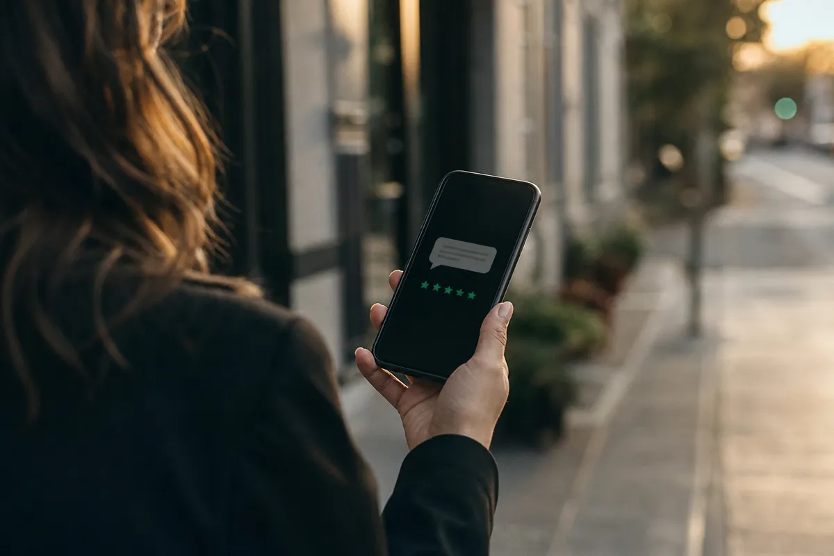 Client outside a salon holding a phone showing a text message and five stars