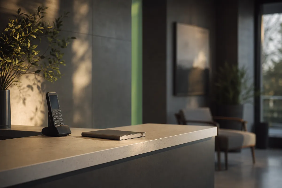 Empty clinic reception desk at golden hour with a cordless phone and a closed notebook on the counter