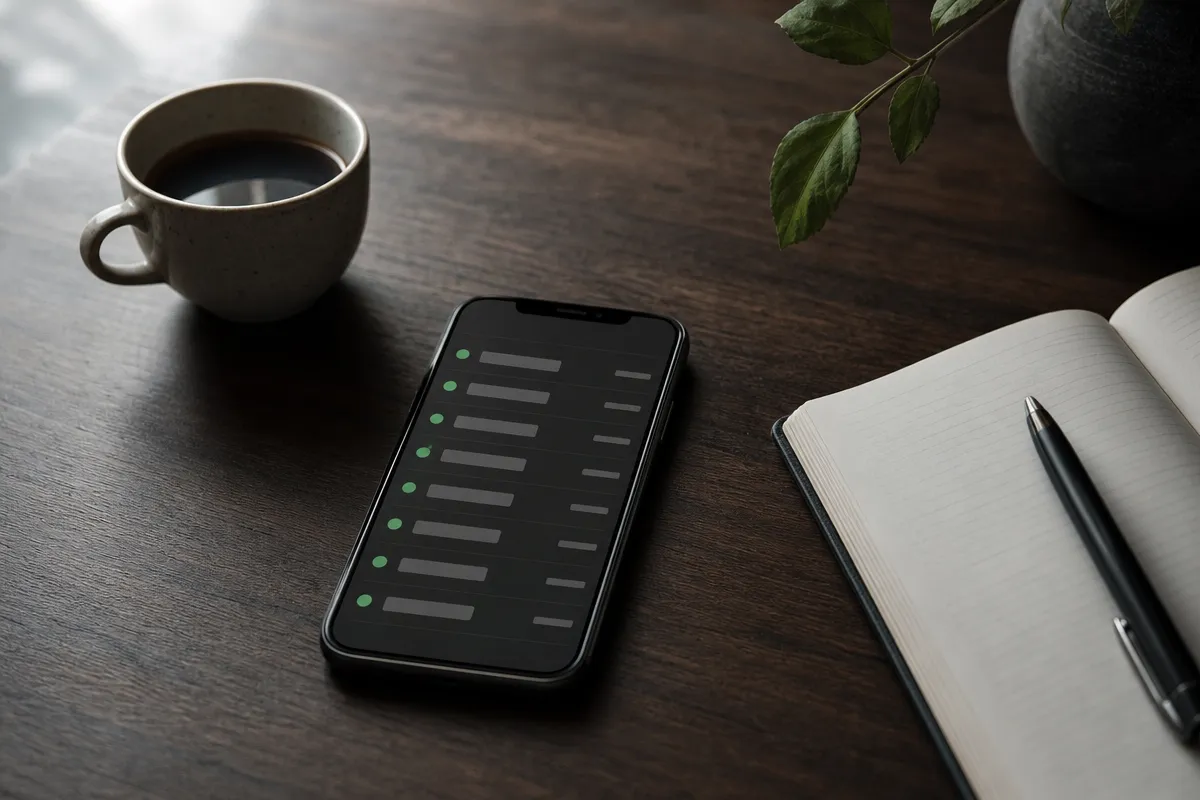 Smartphone face up on a walnut desk beside a notebook and coffee, its screen showing a simple call log
