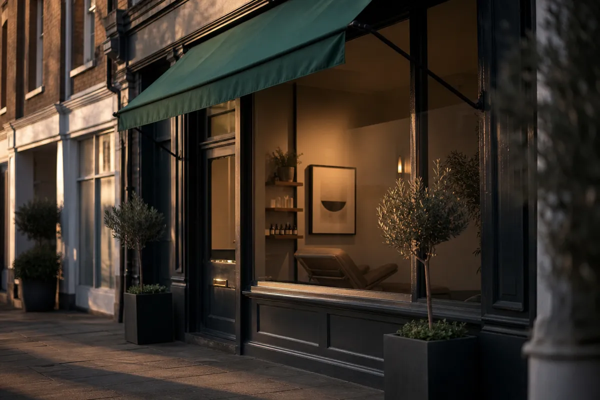 Small independent high-street clinic at golden hour with a dark green awning and a warmly lit window