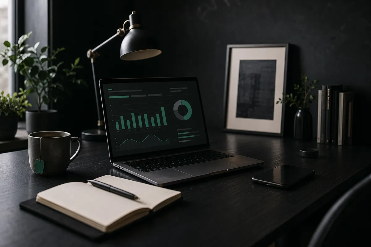 Laptop showing an abstract dashboard beside a notebook, a pen and a mug of tea under lamp light