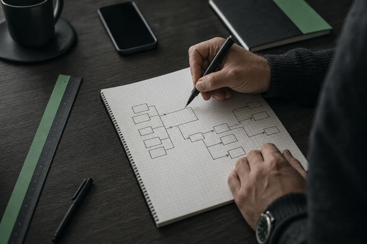 Hands sketching a site map of boxes and arrows on grid paper, mapping old pages to new ones