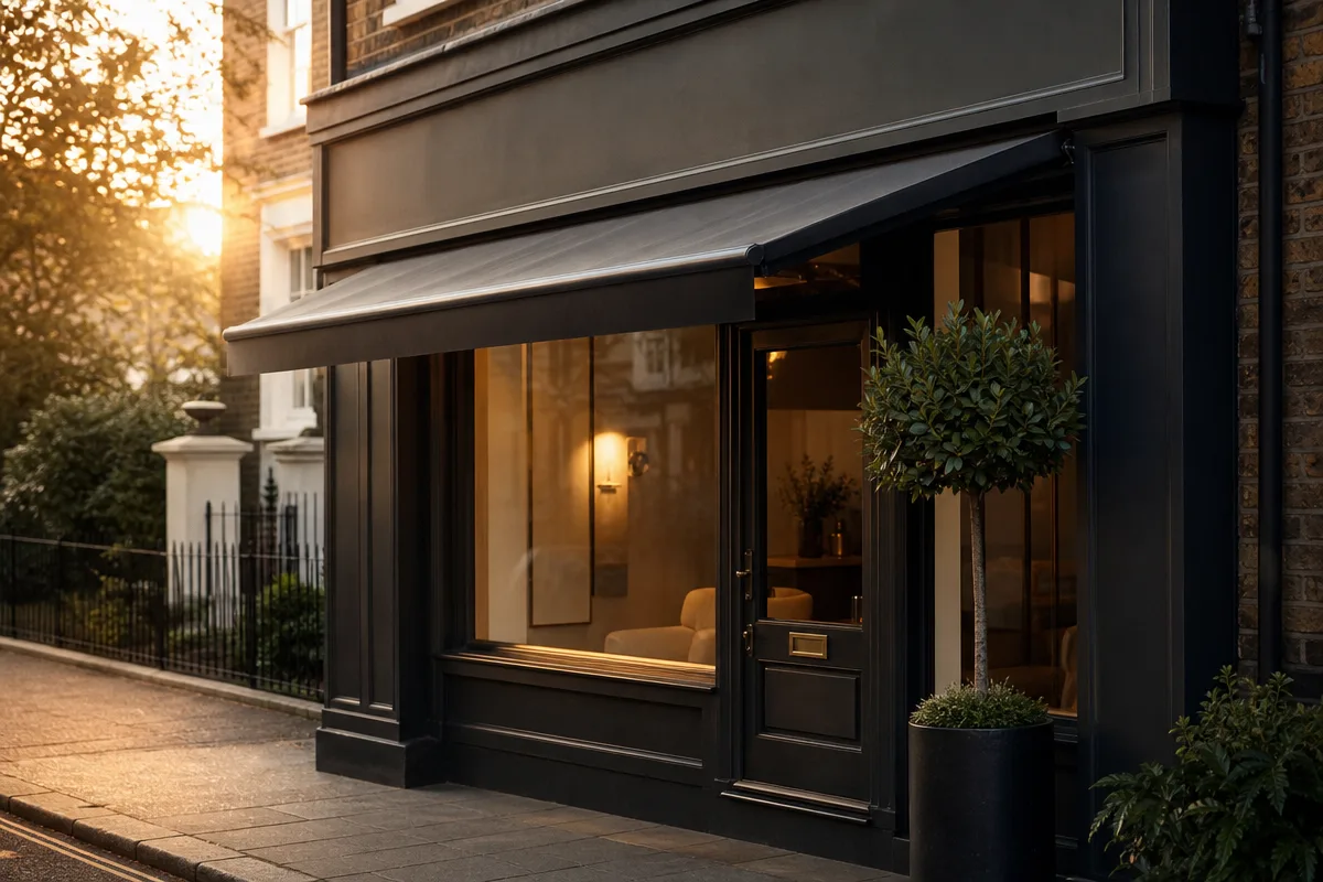 Small independent clinic shopfront on a UK high street at golden hour, warm light inside, no people