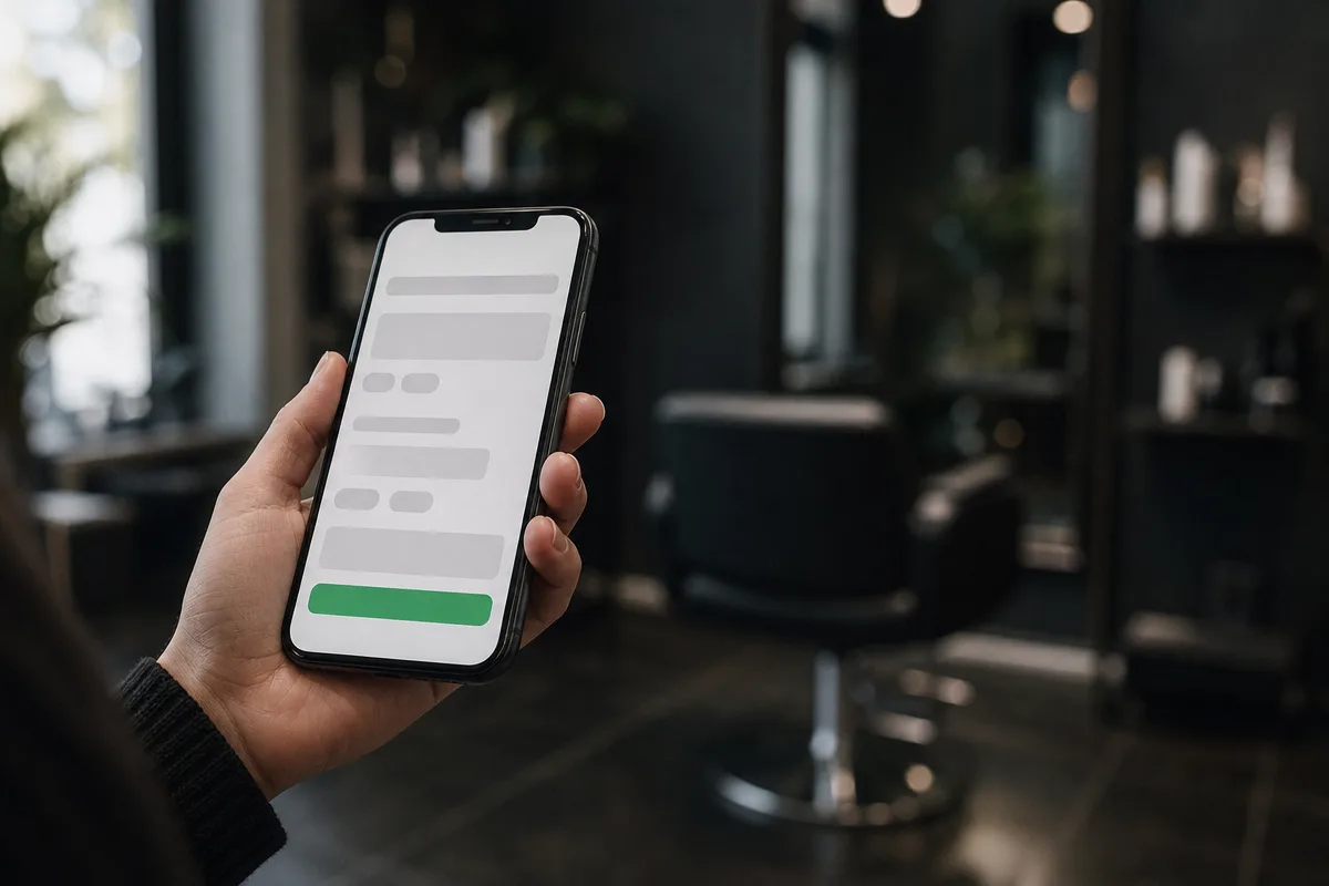 Hand holding a phone showing a simple booking page with one green button, salon chair blurred behind