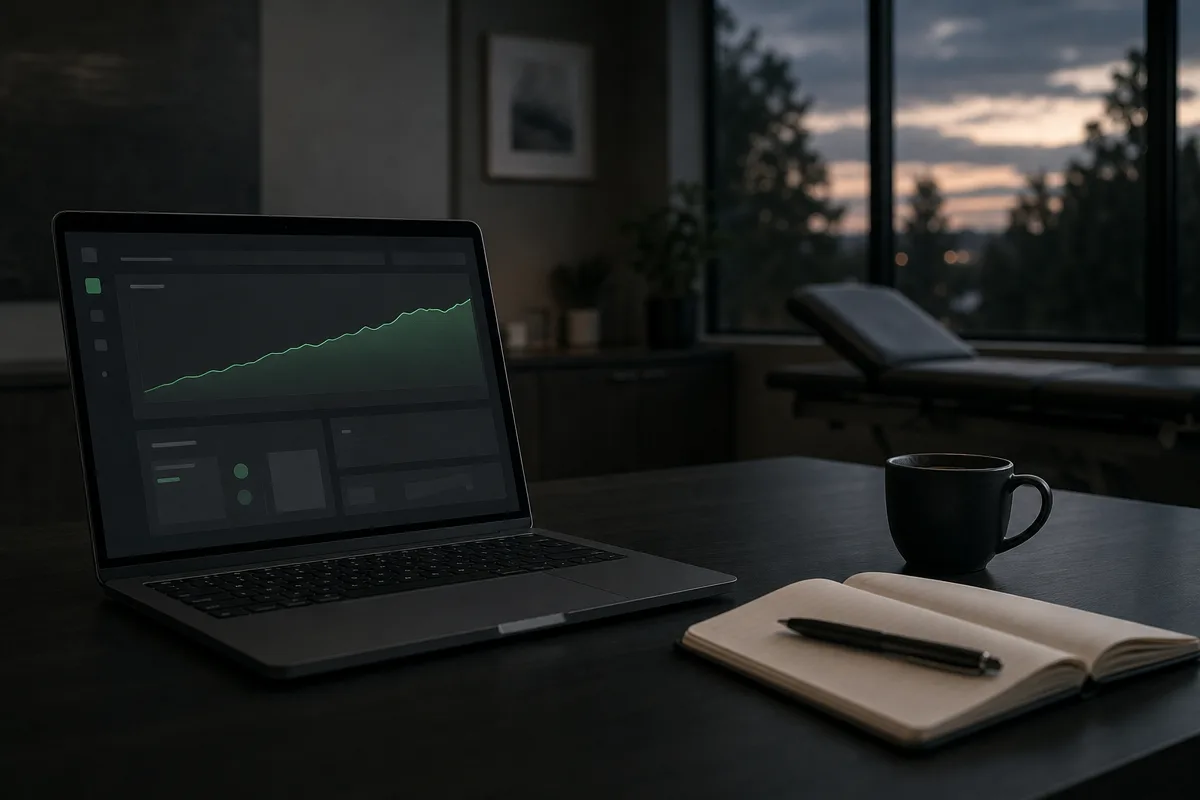 Laptop showing an abstract dashboard with a rising green line beside a notebook and coffee in a quiet clinic office