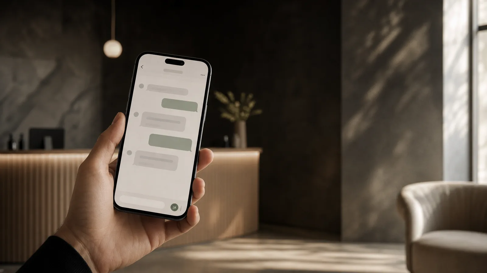 A hand holding a phone in a quiet aesthetic clinic reception, a clean messaging interface visible on screen