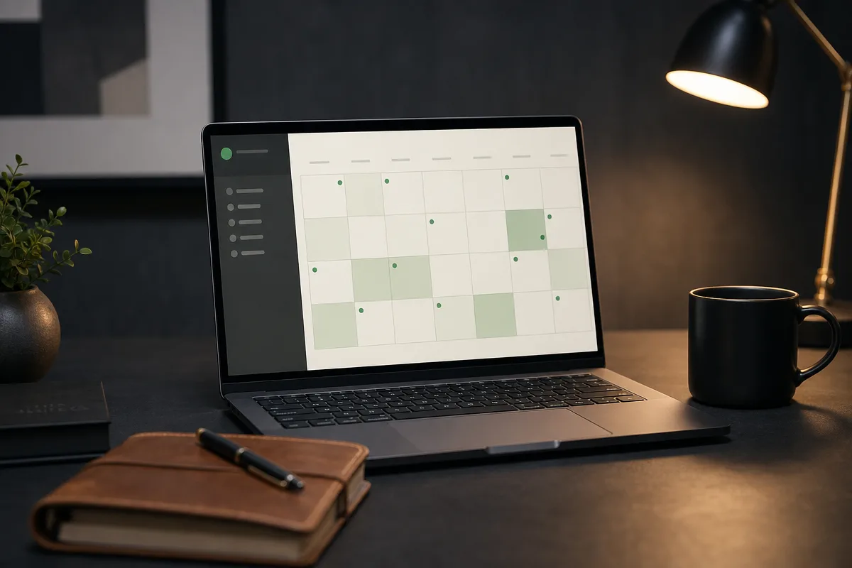 Slim laptop on a charcoal desk showing an abstract calendar with soft green booking accents, leather notebook and dark coffee mug nearby.