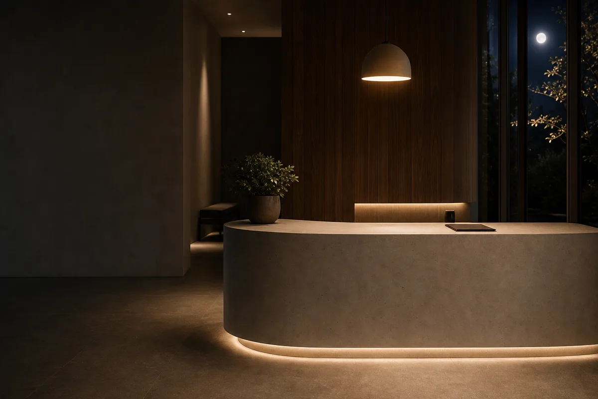 Empty modern aesthetic clinic reception at night, soft under-counter glow and warm pendant light over a calm concrete counter, no people.