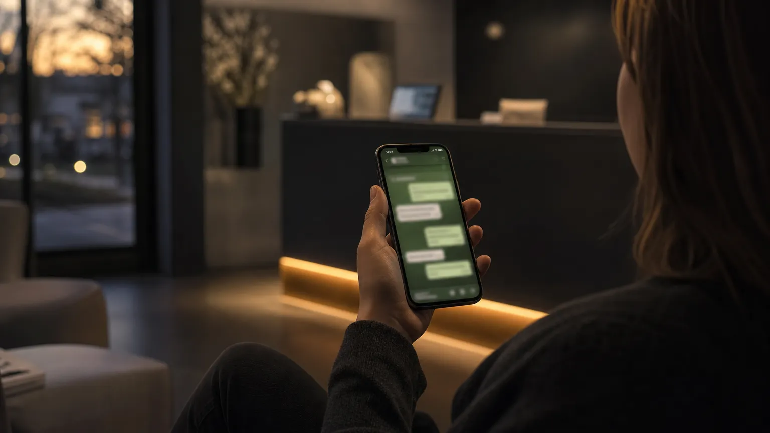 Hand holding a phone showing a WhatsApp chatbot conversation in a calm aesthetic clinic at dusk