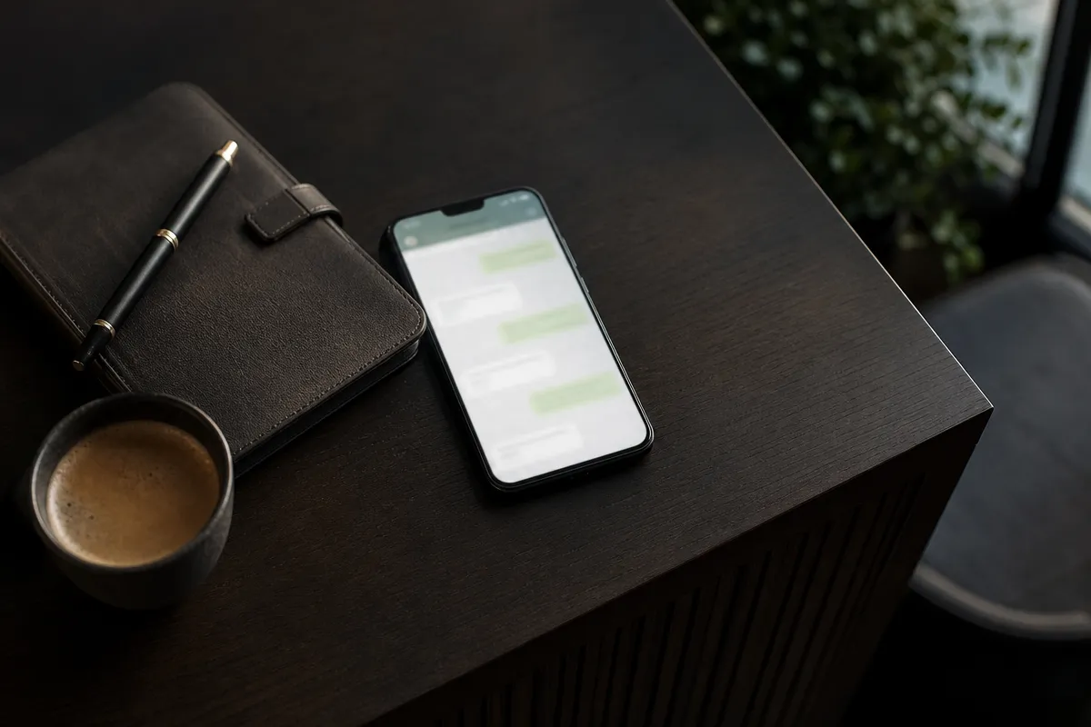 A smartphone on a clinic reception desk beside a notebook, pen and coffee