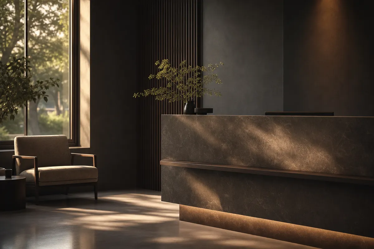 Empty modern aesthetic clinic reception at golden hour with a calm waiting area