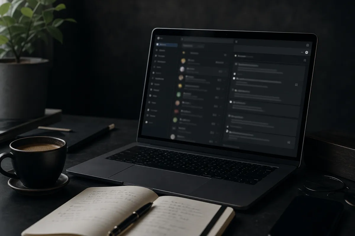 A laptop on a dark desk showing an abstract unified-inbox dashboard with a notebook in the foreground