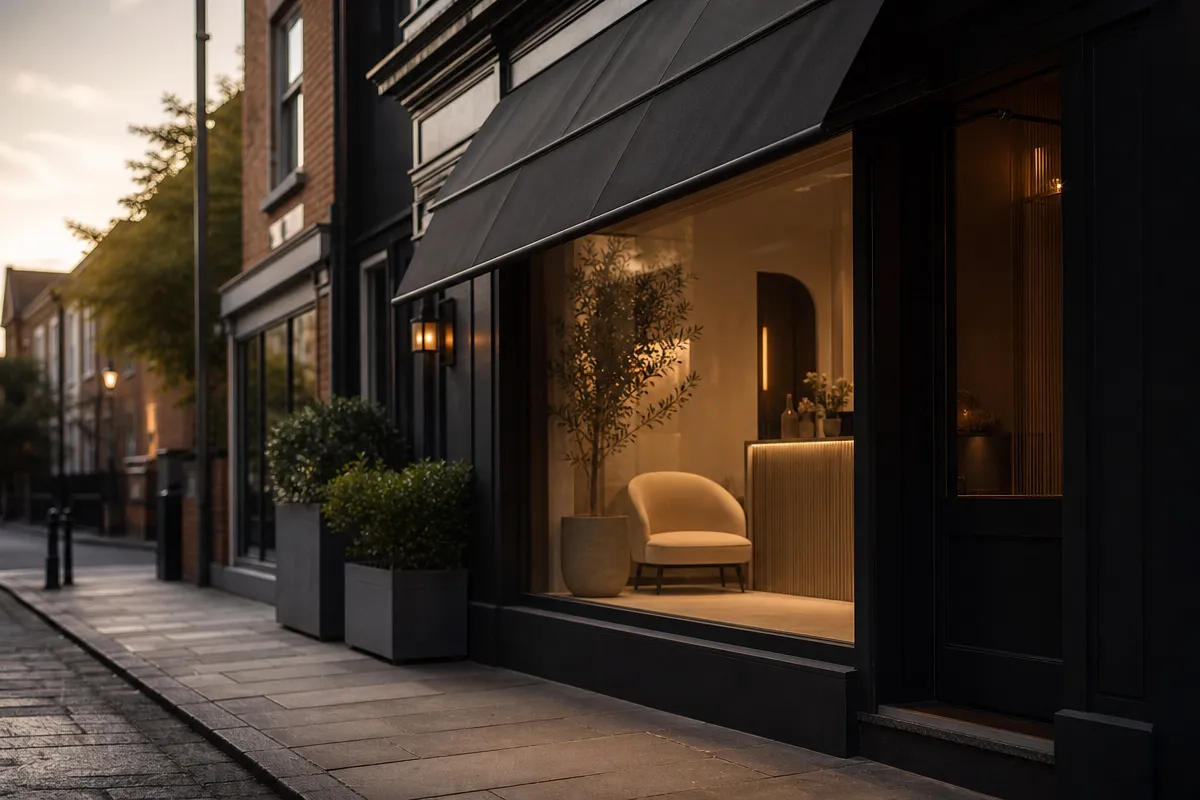 Exterior of a small high-street aesthetic clinic glowing at golden hour