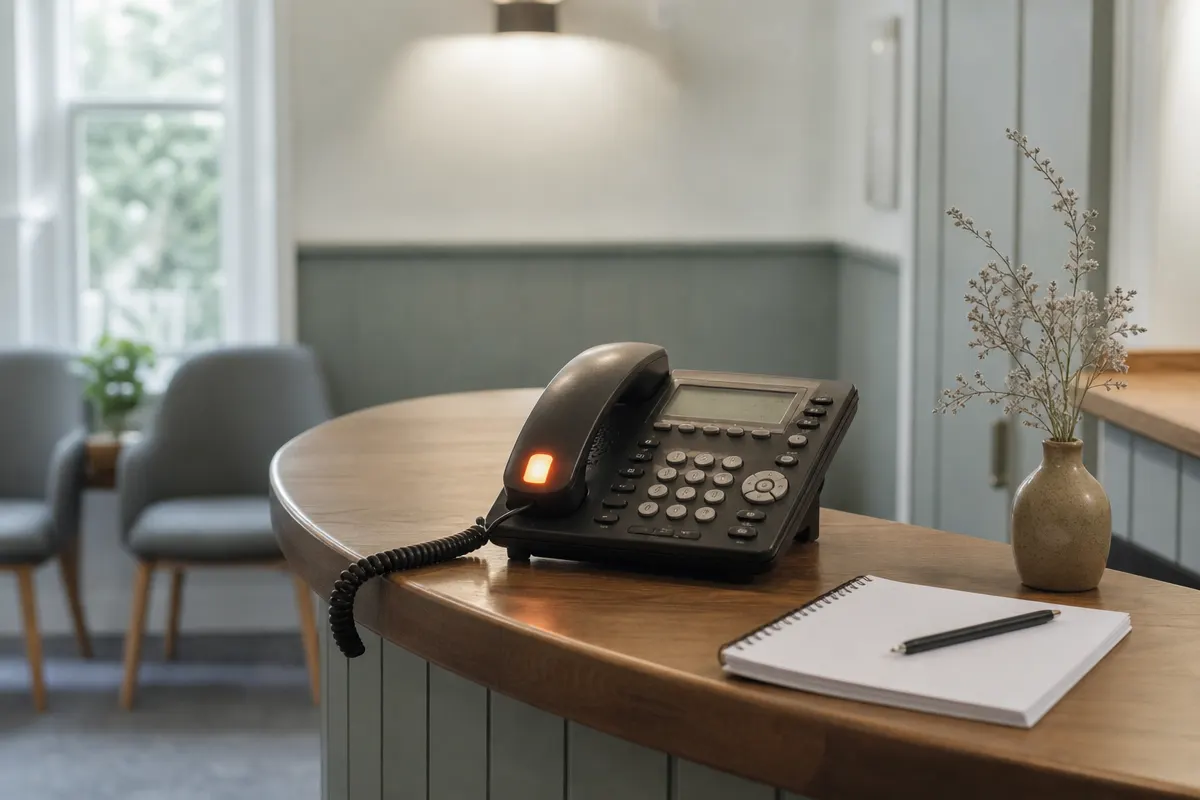 A clinic reception desk phone lit up mid-ring, notepad beside it