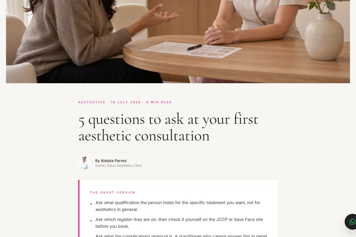 A published blog post on the CoLaz clinic website: 5 questions to ask at your first aesthetic consultation