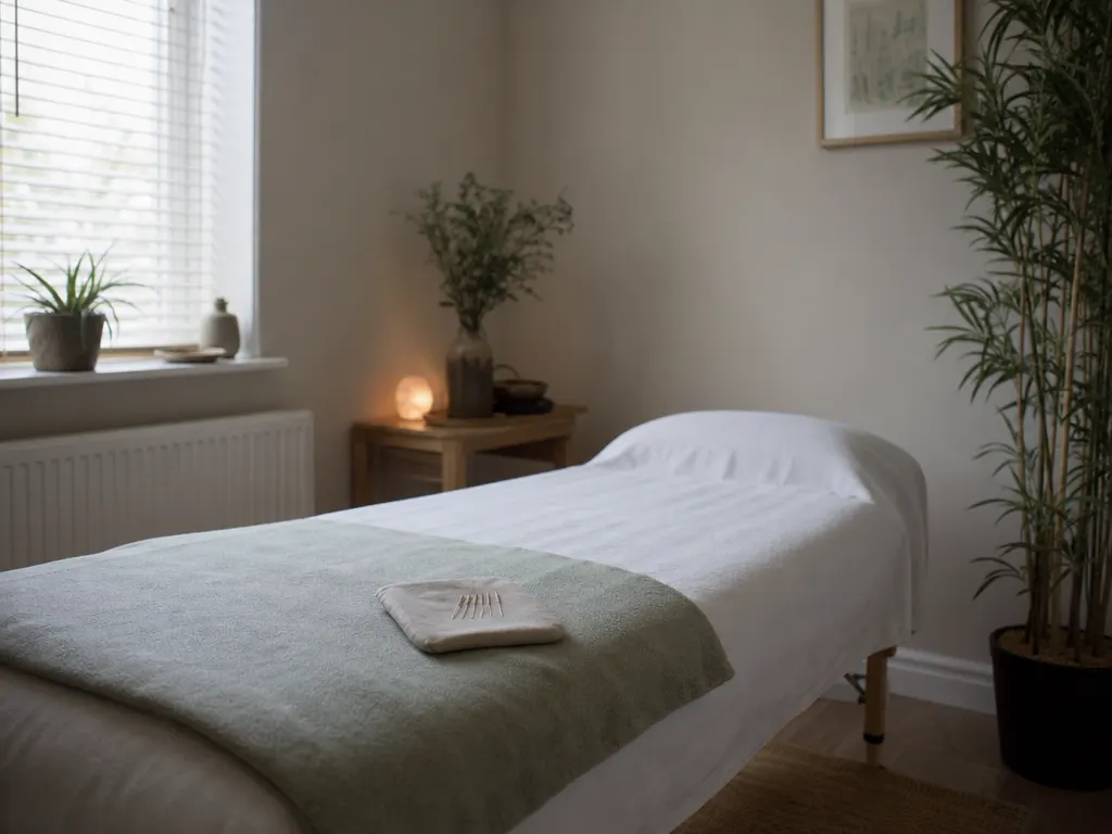 An acupuncture treatment room with a low couch in clean linen, a covered needle tray and a folded blanket