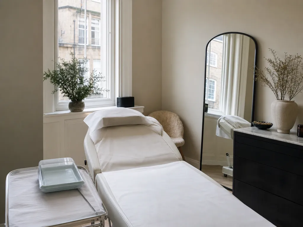 An aesthetics clinic treatment room with a reclined couch and a covered trolley