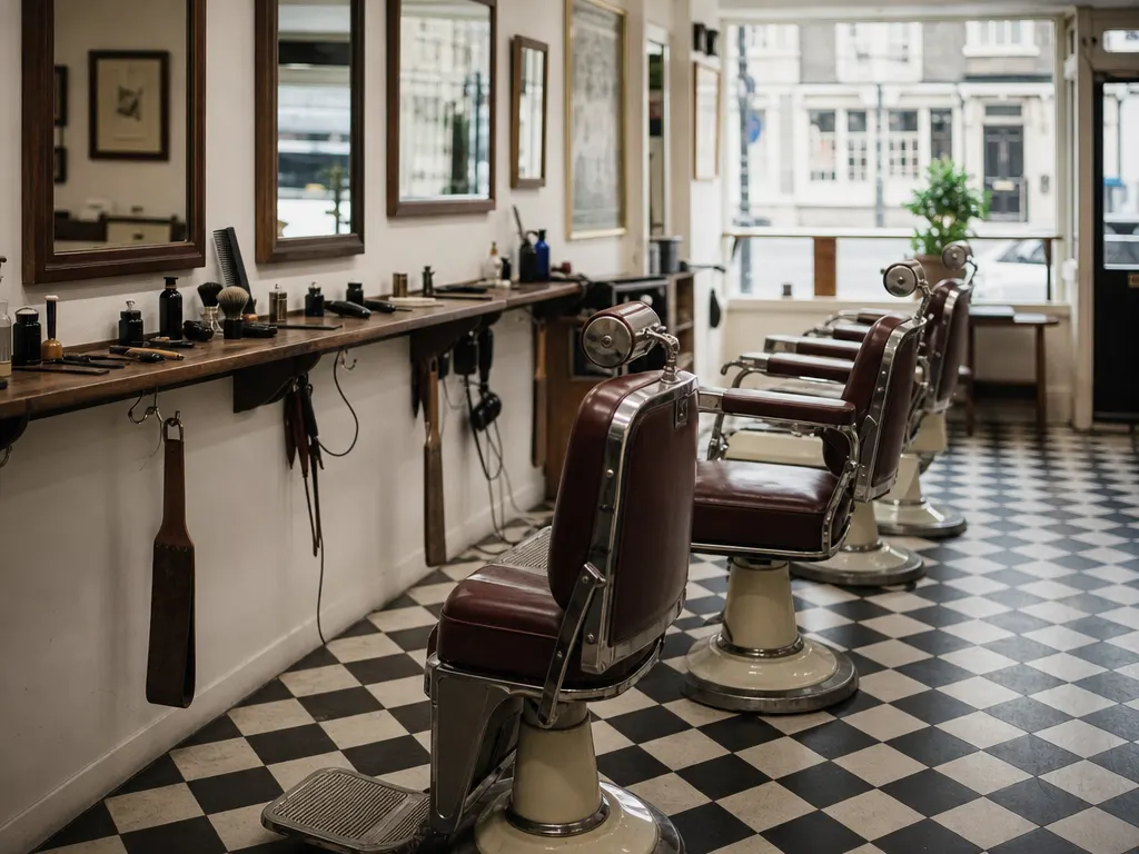 A traditional British barber shop with three chairs facing a mirrored wall and a shelf of clippers