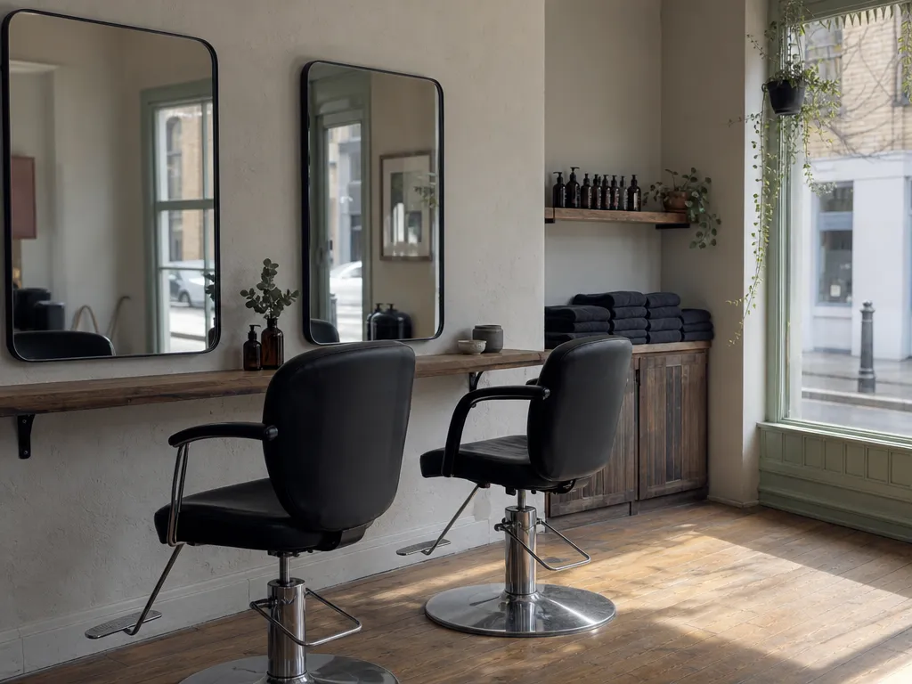 A small British beauty salon at the start of the day, two styling stations and daylight from the shopfront