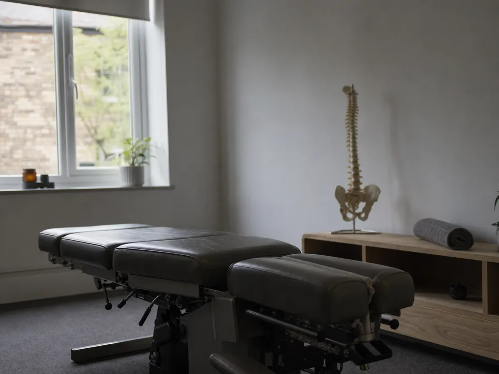A chiropractic treatment room with an adjustment couch and a spine model on a shelf