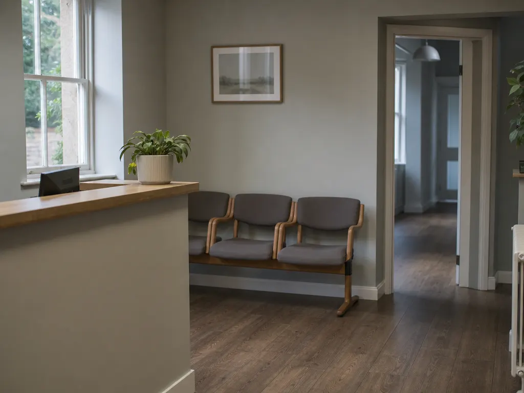 The reception of a small British private clinic, empty in the mid-morning light