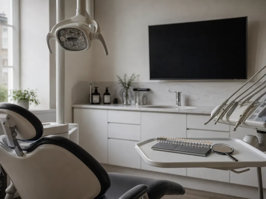 A cosmetic dentistry surgery with a dental chair, an overhead light and a shade guide on a tray