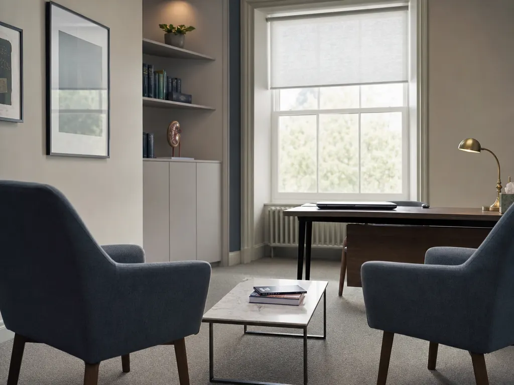 A private surgical consultation room with two upholstered chairs, a desk and a tall blinded window