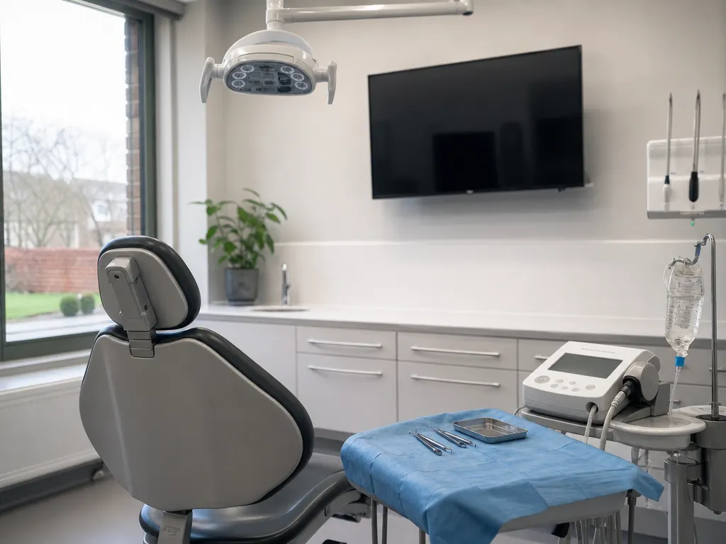 An implant dentistry room with a dental chair, a surgical motor unit on a trolley and covered instruments