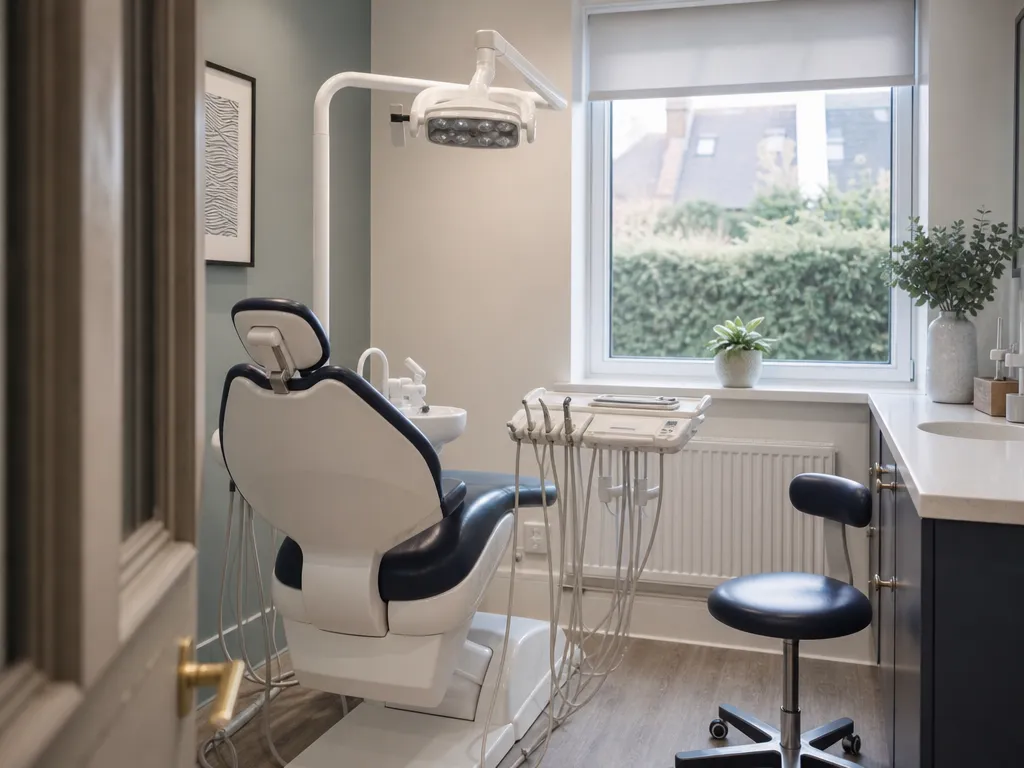A private dental surgery with a clean treatment chair and an instrument tray