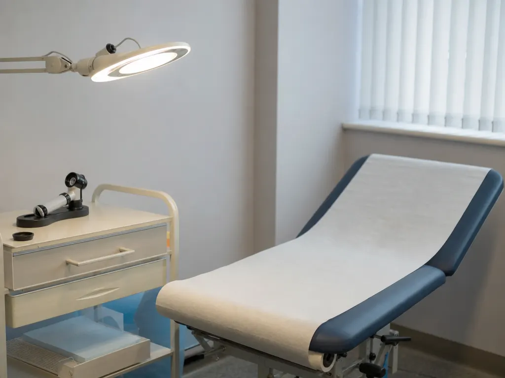 A dermatology examination room with a paper-covered couch, an examination lamp and a dermatoscope