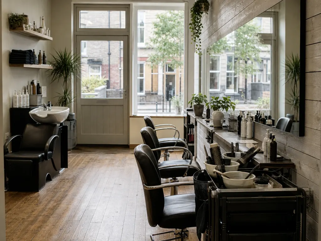A hair salon mid-morning, styling chairs facing a long mirror with a colour trolley and a backwash basin
