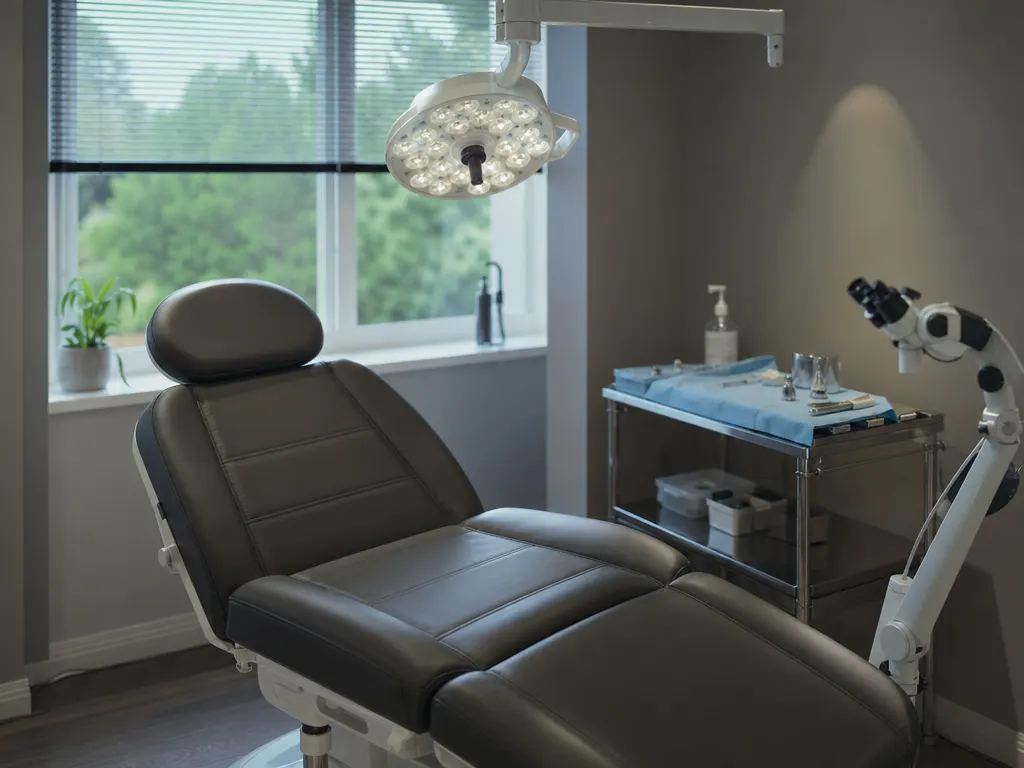 A hair restoration procedure room with a reclining chair, overhead surgical light and covered instruments