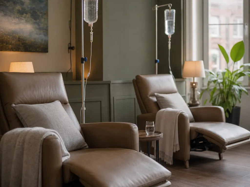 An IV wellness lounge with two reclining chairs, soft throws and a drip stand beside each