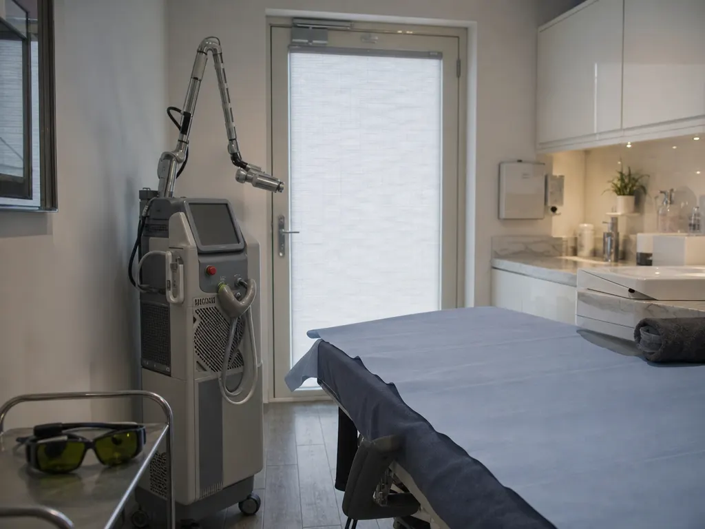 A laser treatment room with a clinical laser unit on a stand, protective eyewear and a treatment couch