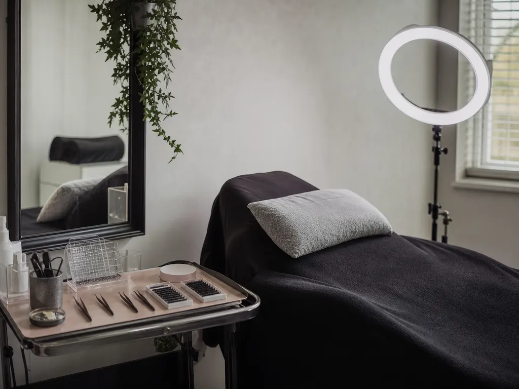 A lash studio with a reclined treatment bed, a ring light on a stand and a tray of fine tweezers