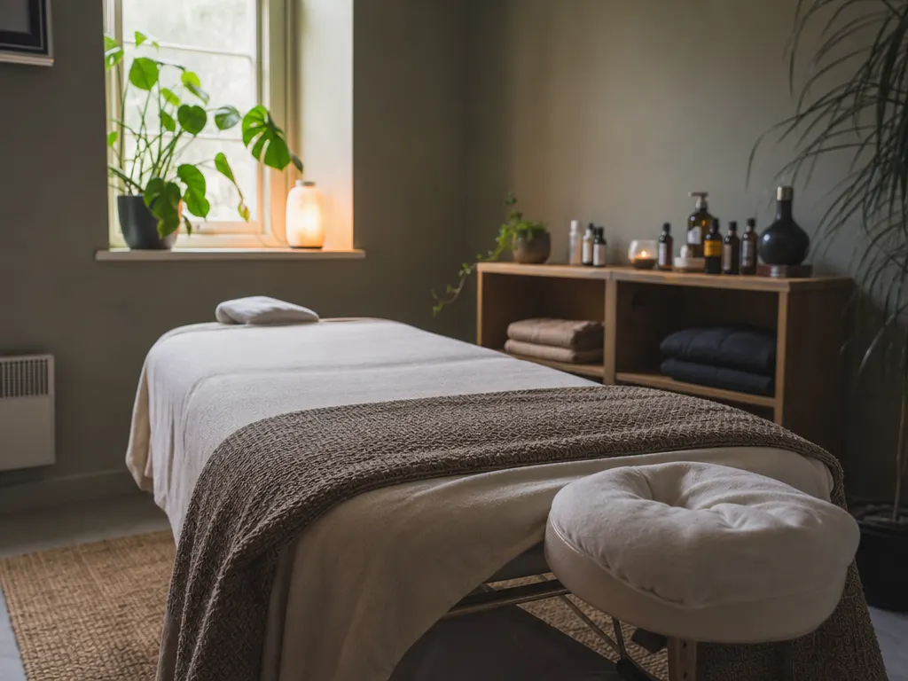 A massage therapy room with a padded couch, face cradle, fresh towels and a shelf of oil bottles