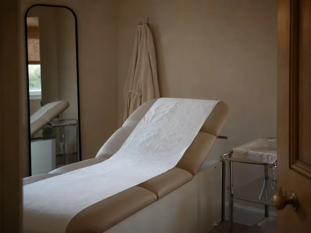 A medical spa treatment room with a reclined couch, a covered instrument trolley and a tall mirror