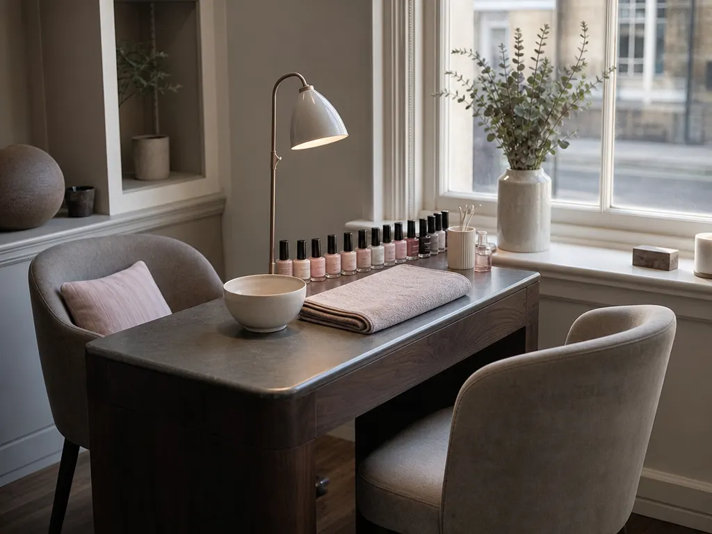 A nail salon workstation by a window, with a manicure lamp, a row of polish bottles and a folded towel