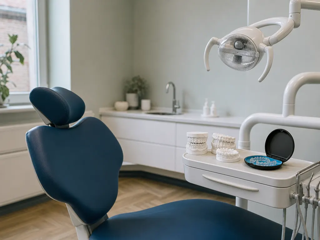 An orthodontic surgery with a dental chair and a side unit holding plaster study models and aligner trays