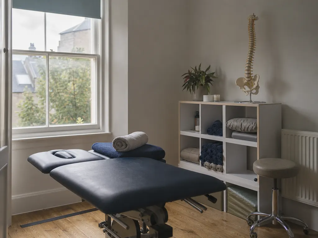 An osteopathy treatment room with a hydraulic couch, a spine model on a shelf and a sash window
