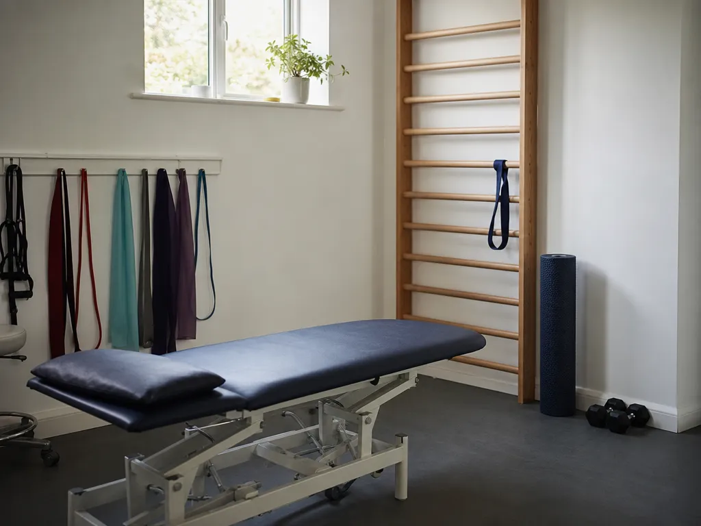 A physiotherapy room with a padded plinth, resistance bands and wall bars