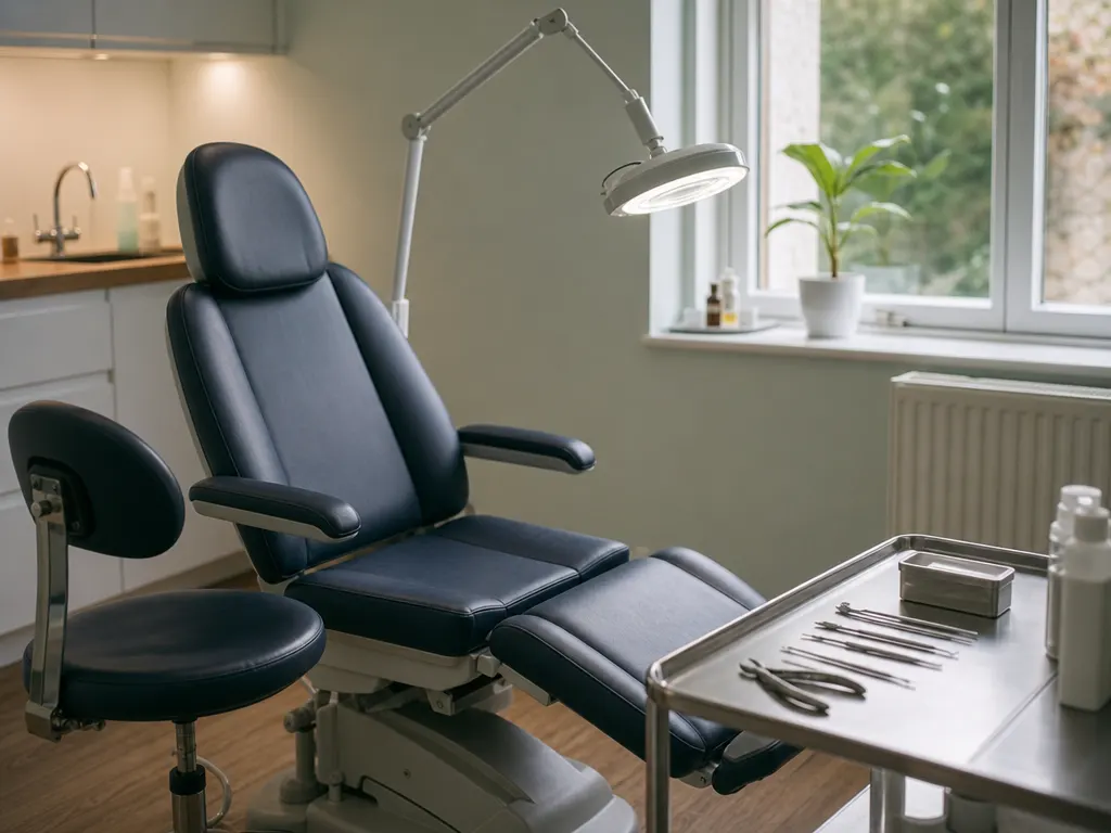 A podiatry room with a reclining chair and footrest, an adjustable lamp and a tray of small instruments